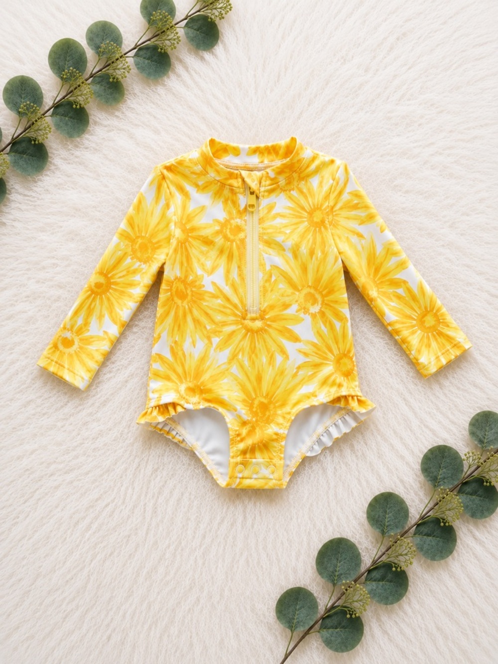Baby Girl Yellow Floral Long-Sleeve One-Piece Swimsuit